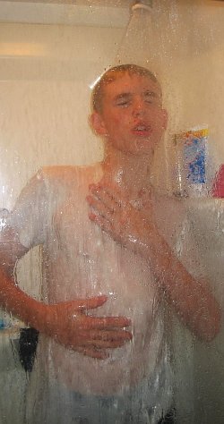 shower in white t-shirt